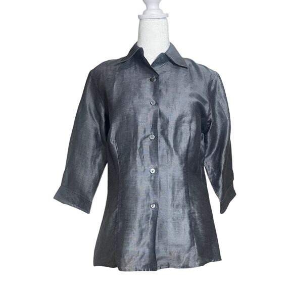 Jenne Maag Silver Gray Metallic Blouse Top Button Down Fitted Elegant Size M - Picture 1 of 7